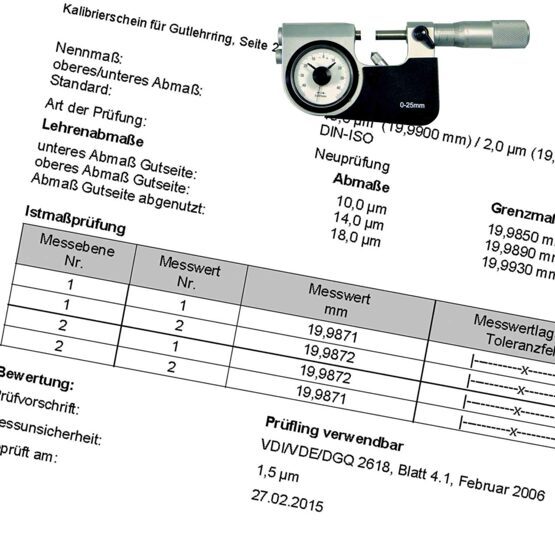 Kalibrierschein Feinzeiger-Bügelmessschrauben bis 25mm