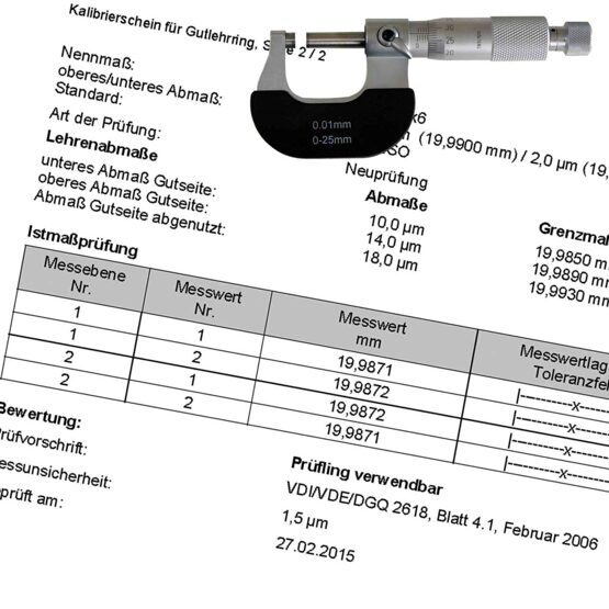 Kalibrierschein Bügelmessschrauben bis 25mm