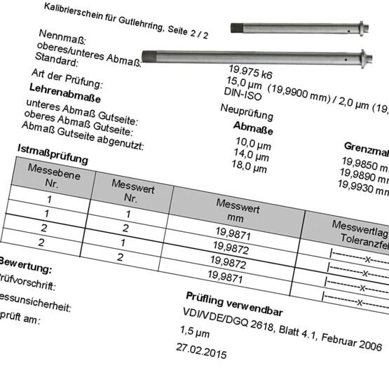 Certificat d'étalonnage Butées de mesure pour micromètres jusqu'à 500mm