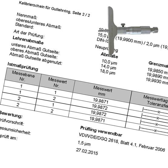 Kalibrierschein Verlängerung für Tiefenmessschrauben bis 300mm