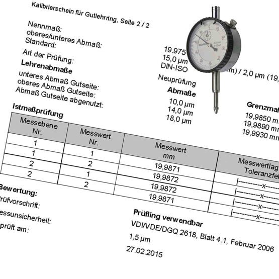 Kalibrierschein Messuhr analog, Ablesung 0.01mm, bis 10mm