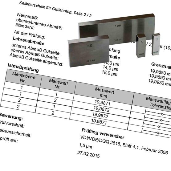 Certificat d'étalonnage Mètre parallèle, individuel jusqu'à 200mm